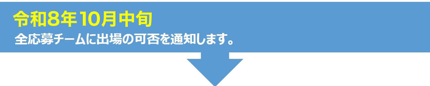 令和8年10月中旬　全応募チームに出場の可否を通知します。