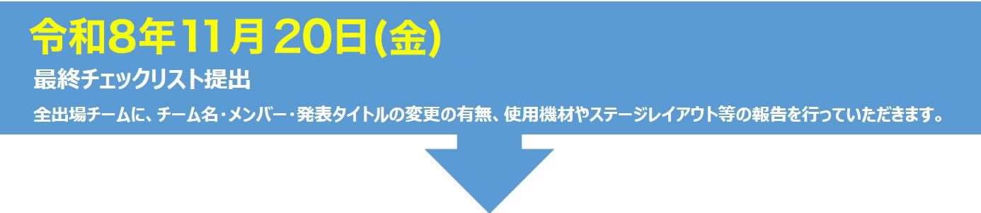 令和8年11月20日（金）最終チェックリスト提出　全出場チームに、チーム名・メンバー・発表タイトルの変更の有無、使用機材やステージレイアウト等の報告を行っていただきます。